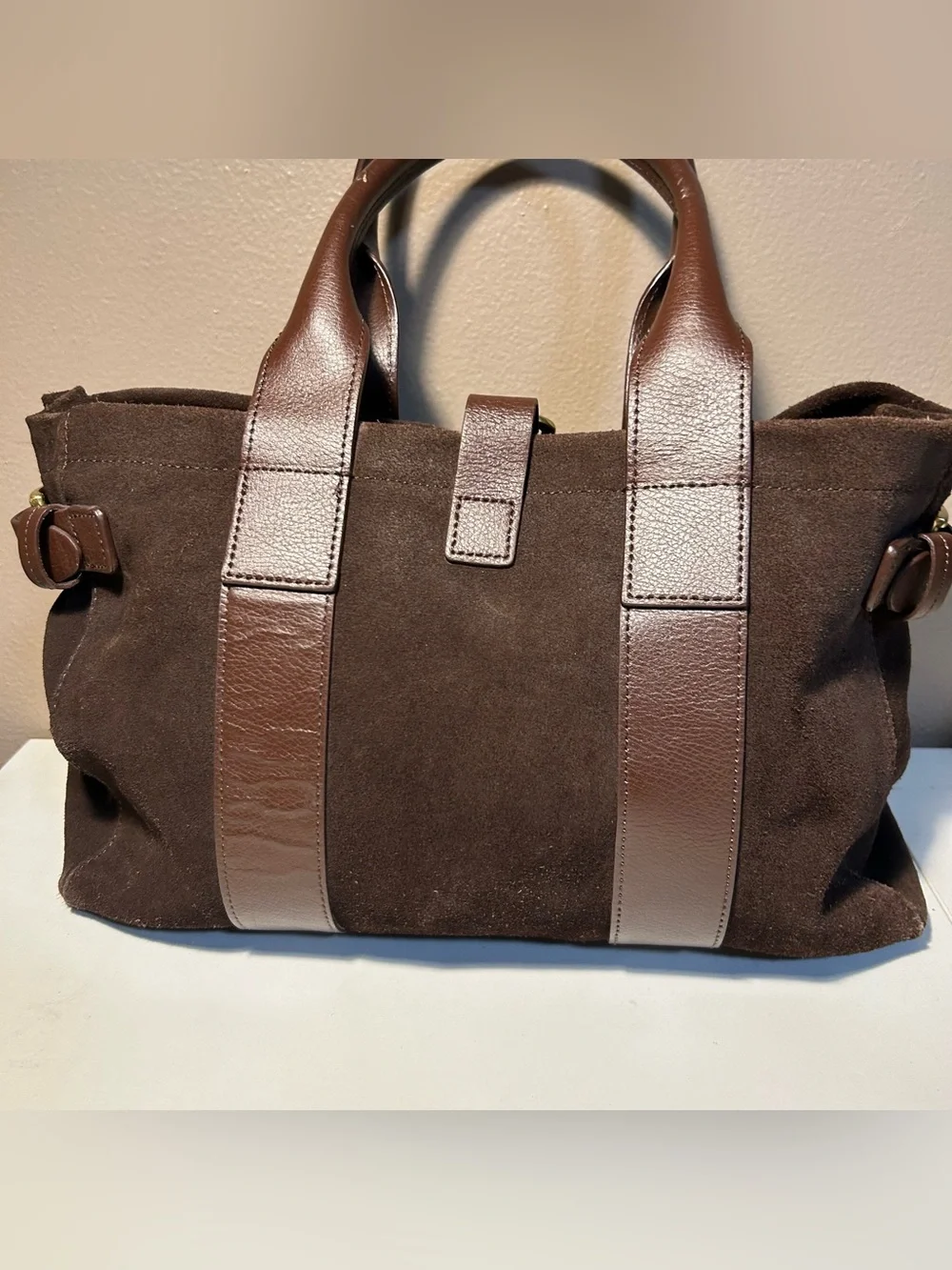 Lands’ End Suede Leather Tote Bag Brown Buckle Shoulder Handbag Large